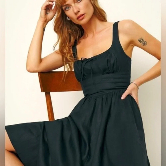 NEW Reformation Balia Linen Midi  Dress in Black | size 0 - Picture 2 of 12